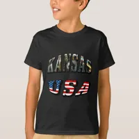 Kansas Picture and USA Flag Font T-Shirt