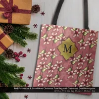 Red Poinsettias & Snowflakes Christmas Monogram Tote Bag