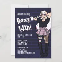 Punk Blue Cartoon Teen Girl 14th Birthday Invitation