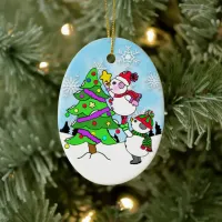 Cute Snowman Couple putting Star on the Tree Ceramic Ornament