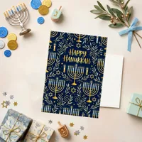 Gold Navy Watercolor Hanukkah Menorah Holiday Card