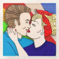 Retro 1950's Style Pop Art Couple Kissing Glass Coaster