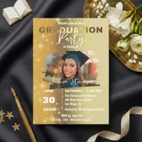 Chic Gold Sparkly Metallic Photo Graduation Party Invitation