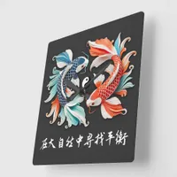Red & Blue Koi Prosperity Yin Yang Square Wall Clock