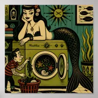 Funny Mid Century Sea Siren Laundry Day Poster