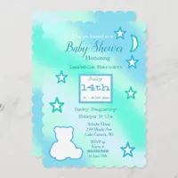 Cute Teddy Bear, Stars and Moon Blue and Green Invitation