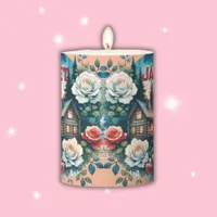 Monogram Log Cabin at Sunrise & Flowers on pink | Pillar Candle