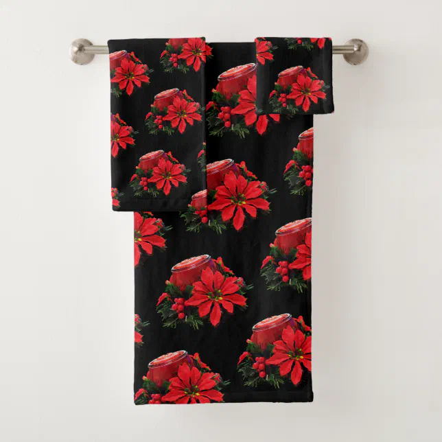 Festive Red Christmas Candle, Holly and Poinsettia Bath Towel Set