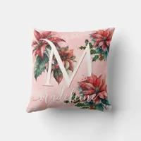 Watercolor Red Poinsettia Mistletoe Name Christmas Throw Pillow