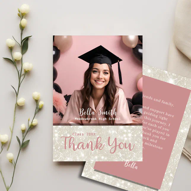 Modern Glitter Photo Graduation  Thank You Card