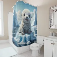 Joyful Baby Seal on an Iceberg bathroom Shower Curtain