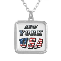 New York Picture and USA Flag Text Square Silver Plated Necklace