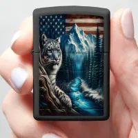 Snow Leopard Under an American Flag Zippo Lighter