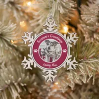 Season's Greetings Cute Dog Photo Name Paw Prints Snowflake Pewter Christmas Ornament