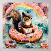 Squirrel on Floating Glazed Donut Funny Sweet Poster