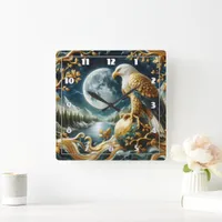 Eagle Perched on Branch Under Full Moon Square Wall Clock