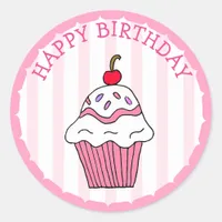 Cute Pink Birthday Cupcake Classic Round Sticker