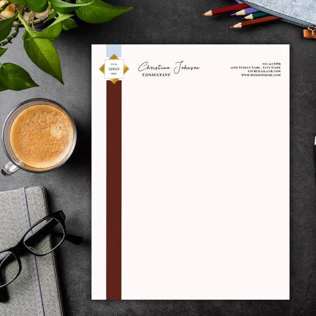 Trendy Brown Stripes Gold Logo Letterhead