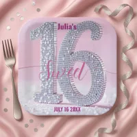 Shimmering Stylish Chic Rhinestone Sweet Sixteen Paper Plates
