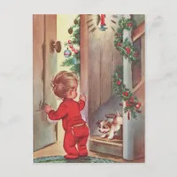 Vintage Child and Puppy Christmas Themed Holiday Postcard