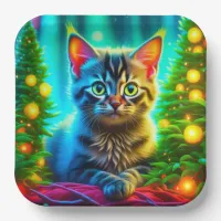 Cute Gray Kittens with Christmas Trees Paper Plates