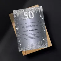 50th birthday silver glitter invitation