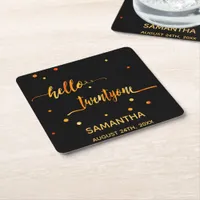 21st birthday black gold hello 21 name script square paper coaster