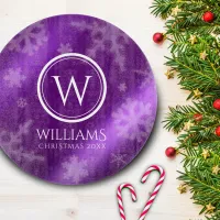 Festive Purple Foil Snowflakes Monogram Name Cutting Board