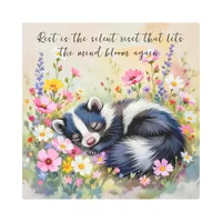 An Adorable Skunk Napping in Flowers and Quote Metal Print