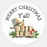 Merry Christmas Y'all Country and Western Rustic Classic Round Sticker