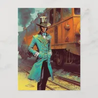 Vintage Top Hat Man and the Train Postcard