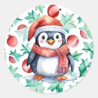 Cute Watercolor Christmas Penguin Holiday Classic Round Sticker