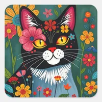 Black and White Folk Art Cat and Flowers Whimsical Square Sticker