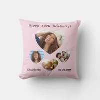 Birthday name age photo heart collage pink throw pillow