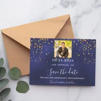 Navy blue gold confetti photo birthday save the date