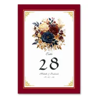 Gold, Navy Blue, and Burgundy Floral Wedding Table Number