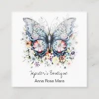 *~*  Retro Butterfly AP57 Boho QR Floral Soft Square Business Card