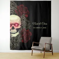 Spooky floral dark moody gothic skull Hallowedding Tapestry