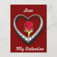 Silver Jewelry Valentine Heart with Red Rose Holiday Postcard