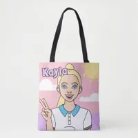 Cute Pink Cartoon Girl School Student Library Tote Bag