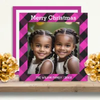 Pink Buffalo Plaid Check Photo Christmas Flat Holiday Card