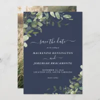 Navy Blue Eucalyptus Wedding Photo Save the Date