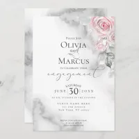 Blush Pink Rose Bouquet Pewter Watercolor Invitation