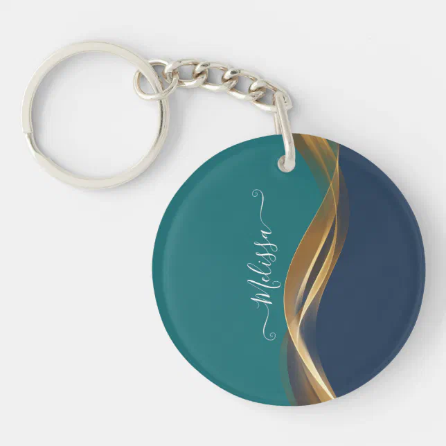 Elegant Gold Wave Blue Teal Keychain