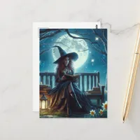 A Witch Reading Near the Daffodils at Night Postcard