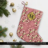 Red Poinsettias & Snowflakes Gold Monogram Small Christmas Stocking