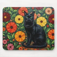 Black Cat and Colorful Folk Art Flowers Mouse Pad