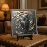 Molten Metallic Gold and Silver Sculpted Owl Art Ceramic Tile