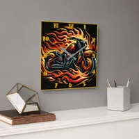 Fiery motorcycle with vibrant flames at dusk square wall clock