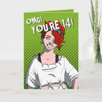 Punk Redhead Teen Girl Green 14th Birthday Card